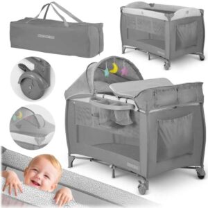 Ricokids állítható fekvőmagasságú prémium Utazóágy kiegészítőkkel és kupolával, 125x78x65, 15kg - szürke