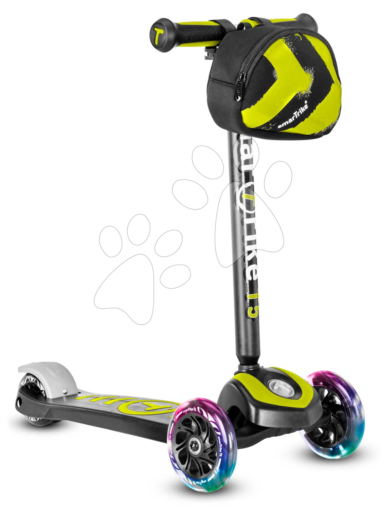 Háromkerekű roller világító kerekekkel és hátizsákkal T5 Green smarTrike állítható kormánnyal 20 kg teherbírással
