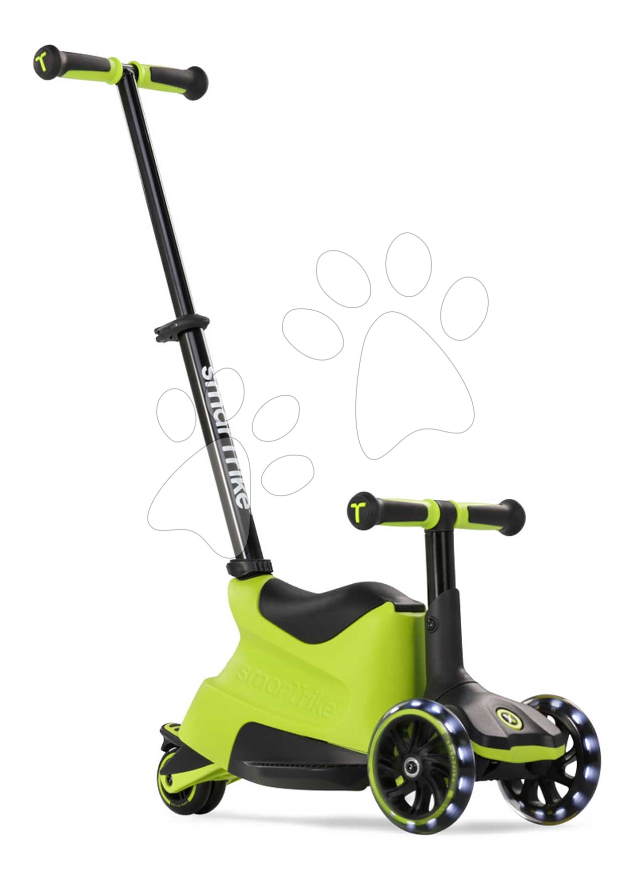 Bébitaxi és roller 2in1 háromkerekű LED kerekekkel Xtend Scooter Ride-on Lime smarTrike tolókarral és állítható magassággal és tárolóhellyel 1-től 12 éves korig