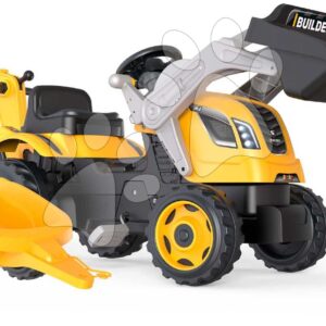 Pedálos traktor homlokrakodóval és markolóval Builder Max Tractor+Trailer Smoby állítható üléssel és hanggal 182 cm