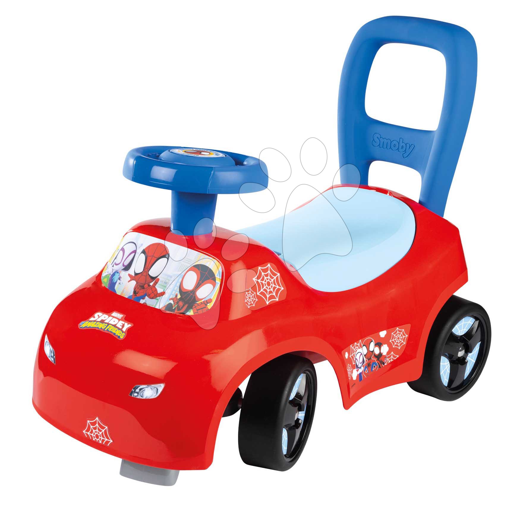 Bébitaxi és járássegítő 2in1 Spidey Auto Ride On Smoby ergonomikus háttámlával és tárolóval az ülőke alatt 10 hó-tól