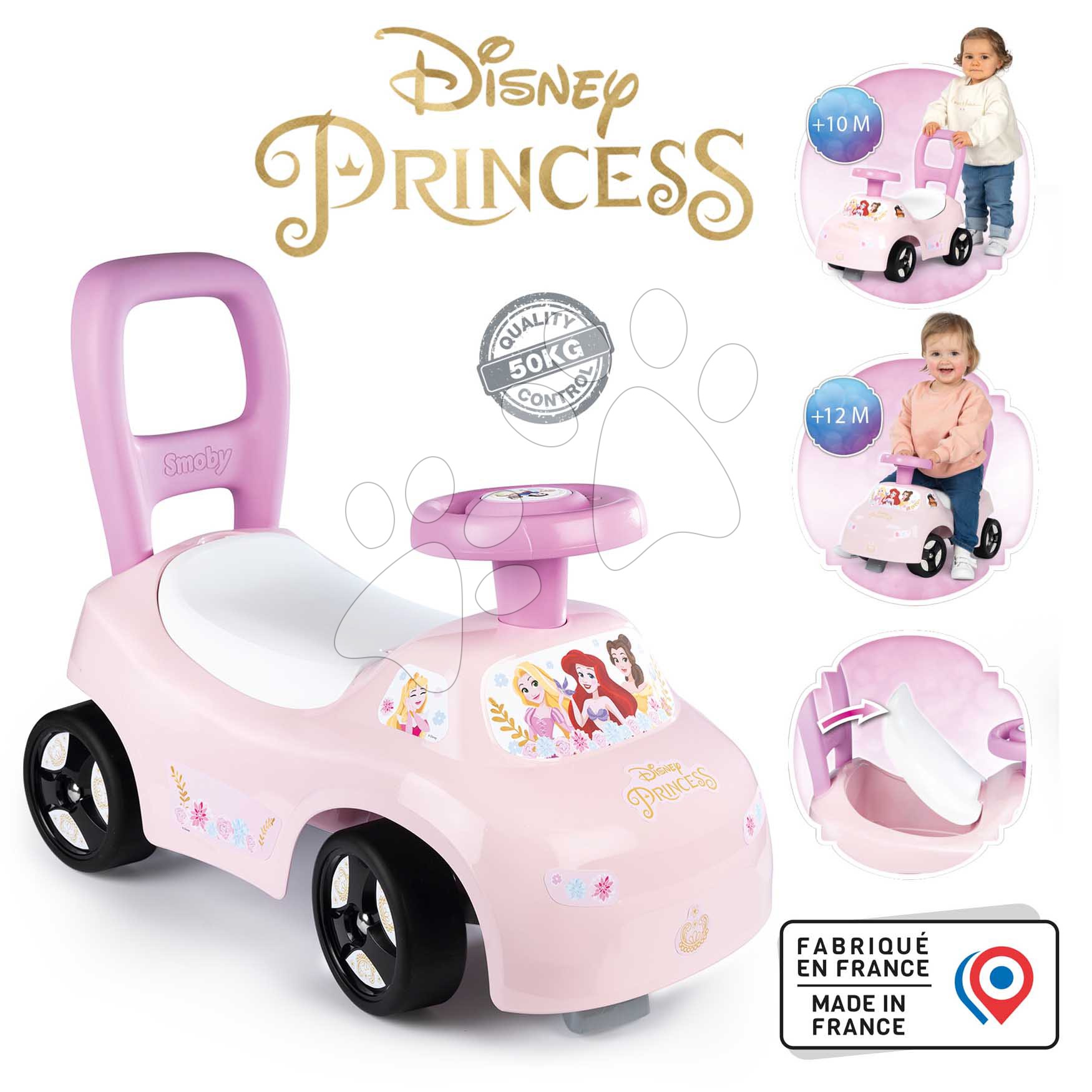 Bébitaxi és járássegítő 2in1 Disney Princess Auto Ride On Smoby ergonomikus háttámlával és tárolóval az ülőke alatt 10 hó-tól