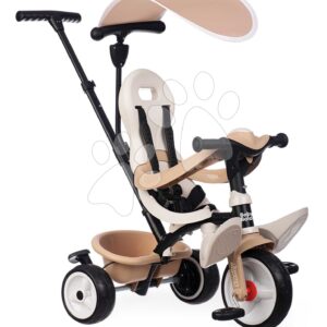 Tricikli és babakocsi egyben magas háttámasszal Baby Balade Tricycle Beige Smoby napellenzővel fékkel és halk EVA kerekekkel 10 hó-tól
