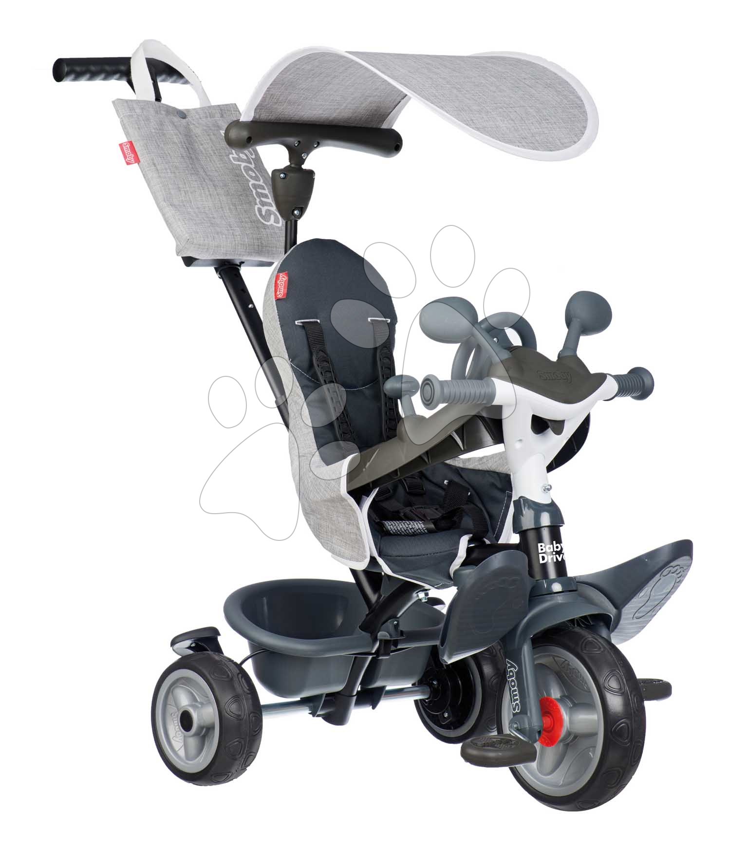 Tricikli és babakocsi egyben fékkel Baby Driver Grey Tricycle Smoby intuitív vezérléssel és halk EVA kerekekkel szürke 10 hó-tól