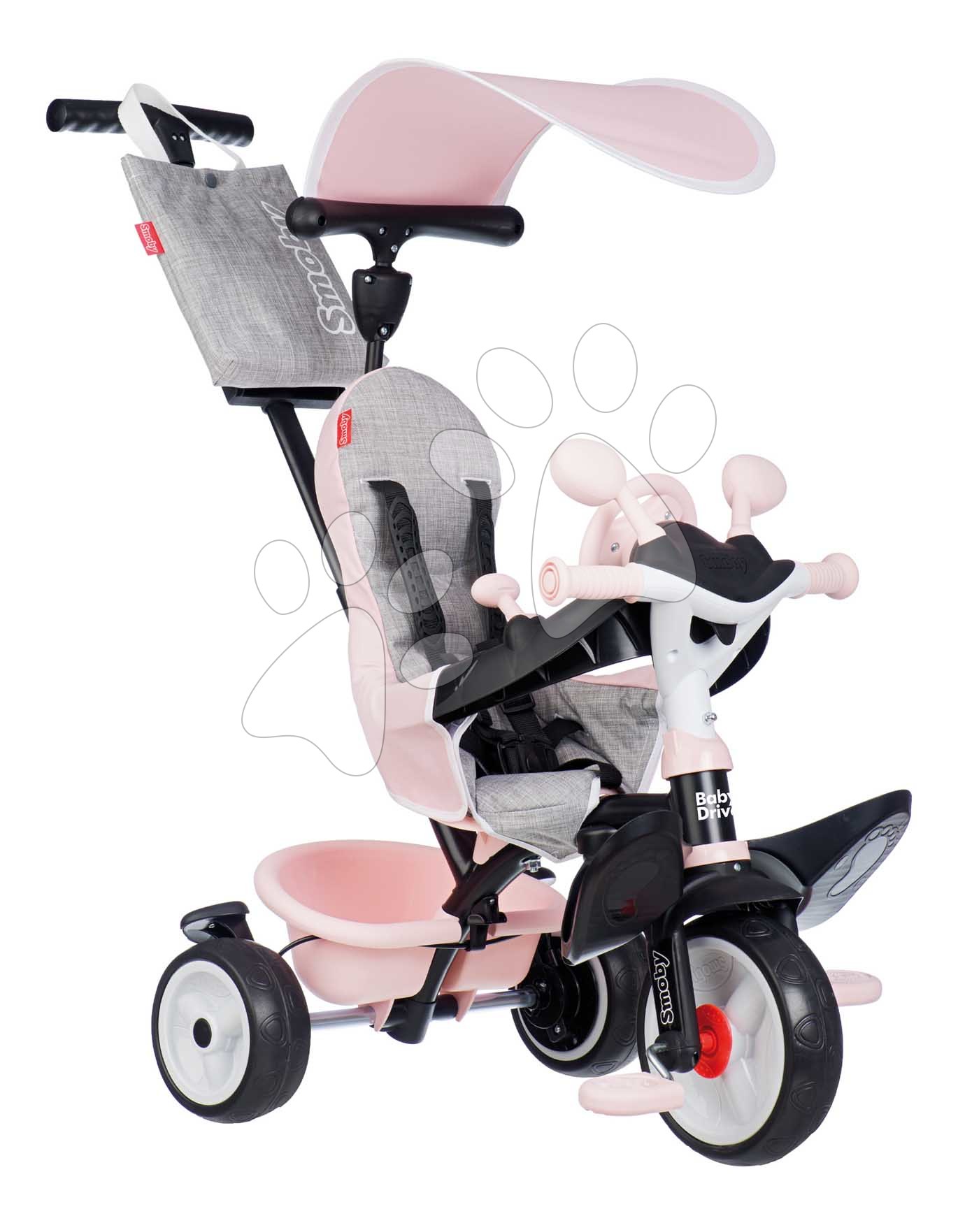 Tricikli és babakocsi egyben fékkel Baby Driver Pink Tricycle Smoby intuitív vezérléssel és halk EVA kerekekkel szürke 10 hó-tól