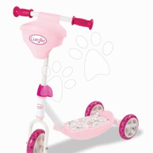 Háromkerekű roller Corolle 3 Wheels Scooter Smoby kosárral játékbabának csúszásmentes és magasságilag állítható a kormány