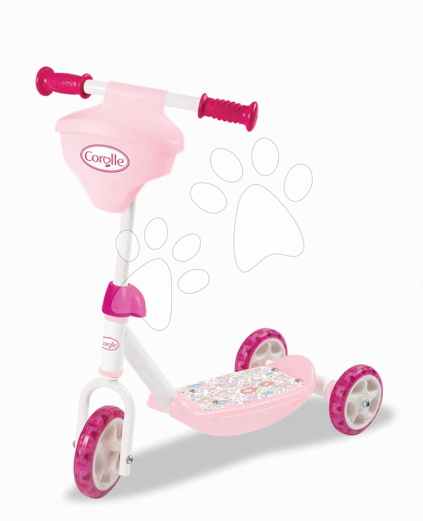 Háromkerekű roller Corolle 3 Wheels Scooter Smoby kosárral játékbabának csúszásmentes és magasságilag állítható a kormány