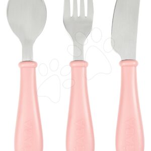 Evőeszközök gyerekeknek Beaba Old Pink 3-részes kanál villa kés rózsaszín 15 cm 12 hónapos kortól