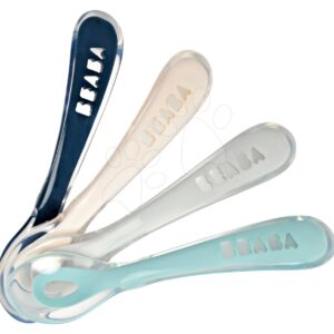 Készlet 4 gyakorló kanál Beaba 2nd age training spoon 13 cm puha szilikonból egyedüli étkezéshez, kék, rózsaszín, szürke, zöld 4 hó-tól