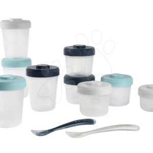 Szett 12 ételtároló Beaba Expert Meal & Food Storage Pack Storm 12 clip és 2 szilikon babakanál kék