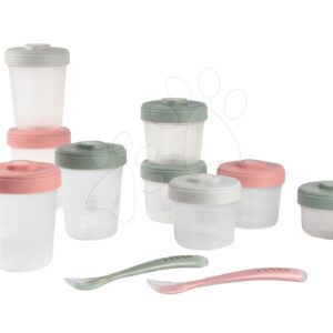Szett 12 ételtároló Beaba Expert Meal & Food Storage Pack Eucalyptus 12 clip és 2 szilikon babakanál rózsaszín