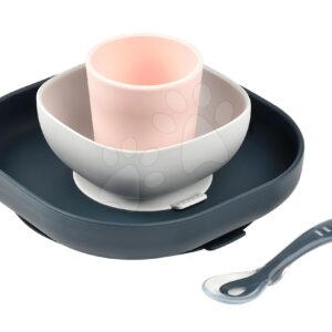 Étkészlet Beaba Silicone meal set szilikonból 4 részes rózsaszin-szürke-kék kisbabáknak