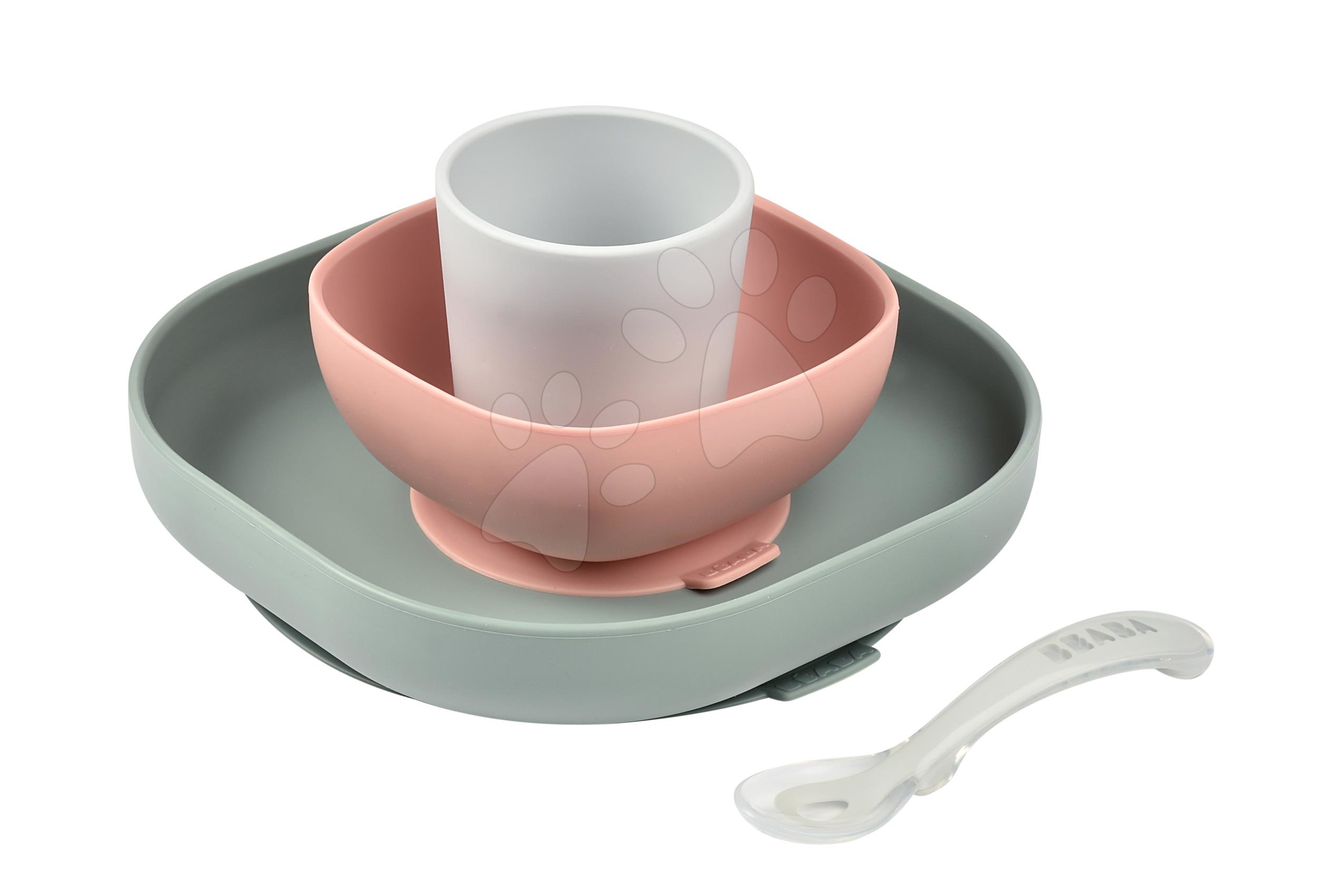 Étkészlet Beaba Silicone meal set szilikonból 4 részes rózsaszin-bézs-szürke kisbabáknak