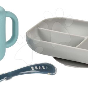 Étkezőgarnitúra bögrével és kanállal Silicone learning set Beaba csecsemőknek enni tanulok készlet 8 hó kék