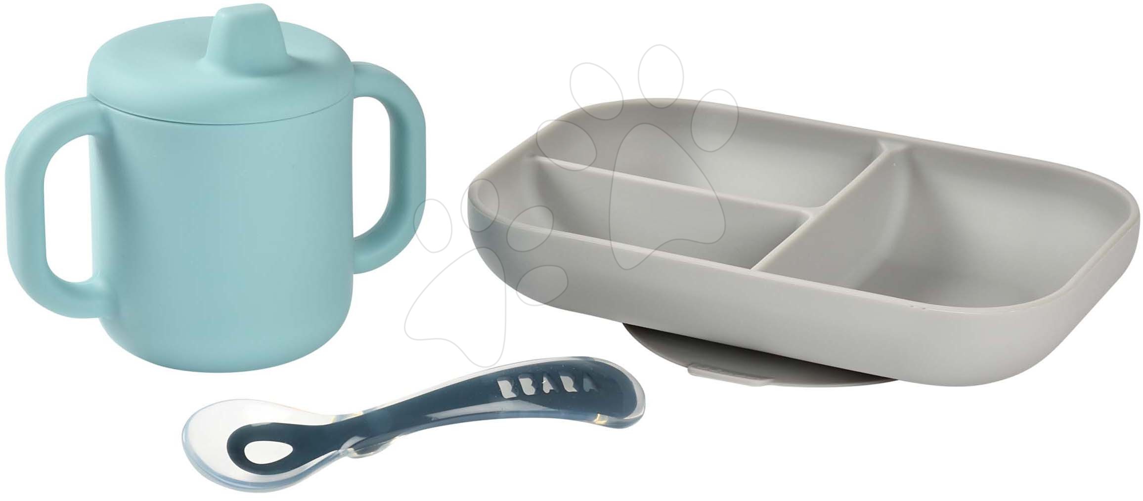 Étkezőgarnitúra bögrével és kanállal Silicone learning set Beaba csecsemőknek enni tanulok készlet 8 hó kék