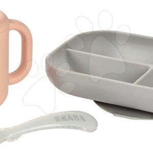 Étkezőgarnitúra bögrével és kanállal Silicone learning set Béaba csecsemőknek enni tanulok 8 hó rózsaszín