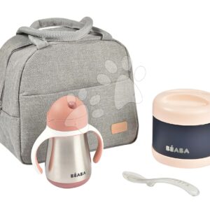 Étkezőgarnitúra On-the-go Mealtime Beaba Old Pink thermo táskában ivó palackkal és ételtároló termosszal és kiskanállal szürke-rózsaszín 8 hó-tól BE913530