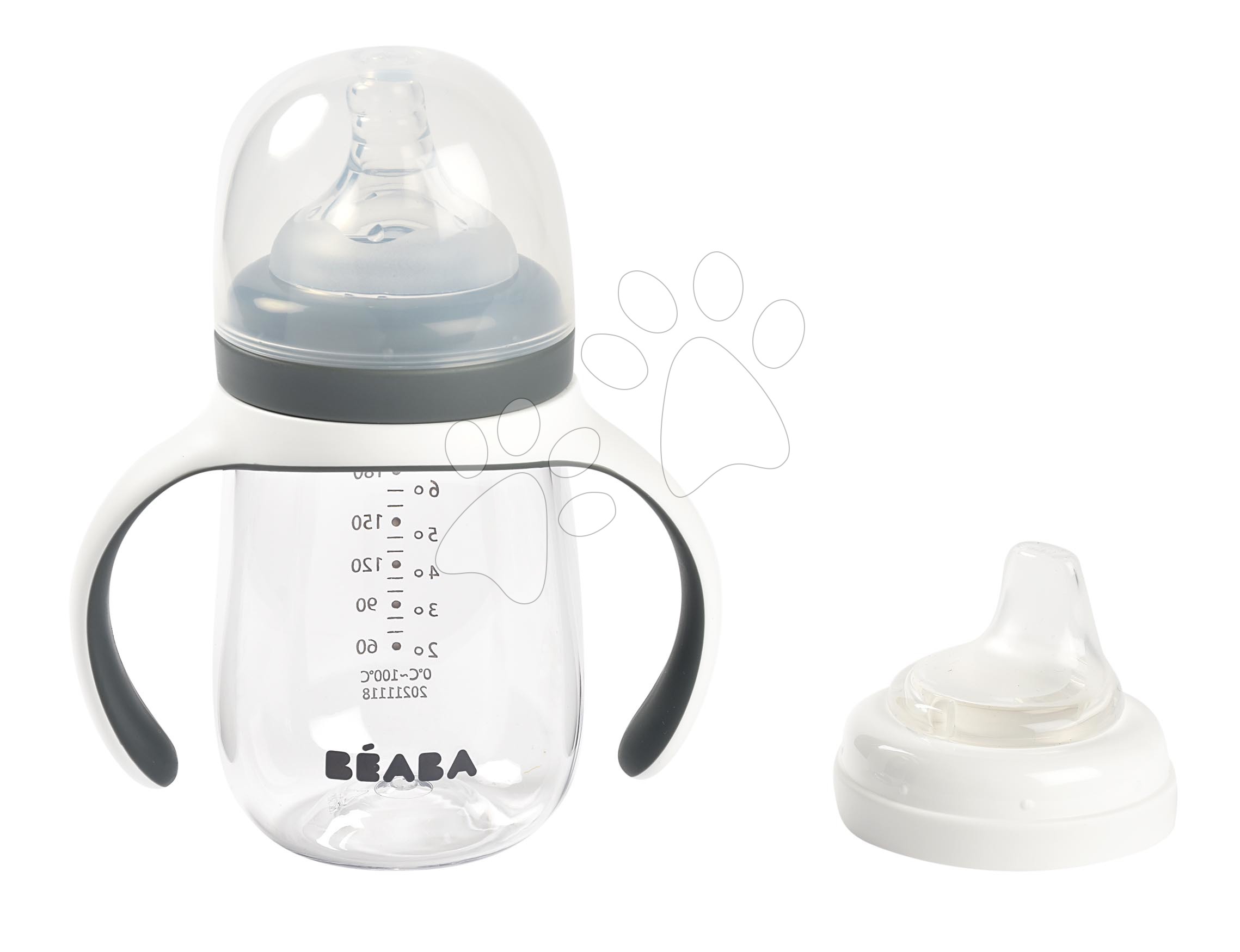 Tanuló ivó palack Bidon 2in1 Training Bottle Beaba Mineral Grey 210 ml szürke 4 hó-tól