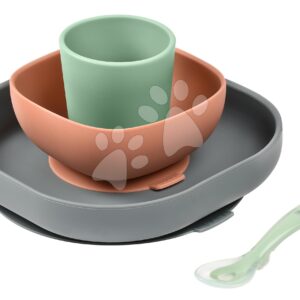 Étkészlet Silicone Meal Set Beaba Mineral szilikonból 4 részes szürke-narancssárga-zöld 4 hó-tól