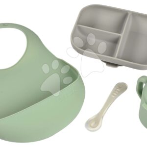 Étkezőgarnitúra Silicone Meal Essentials Set Beaba bögrével tányérral kanállal és előkével zöld-szürke 8 hó-tól