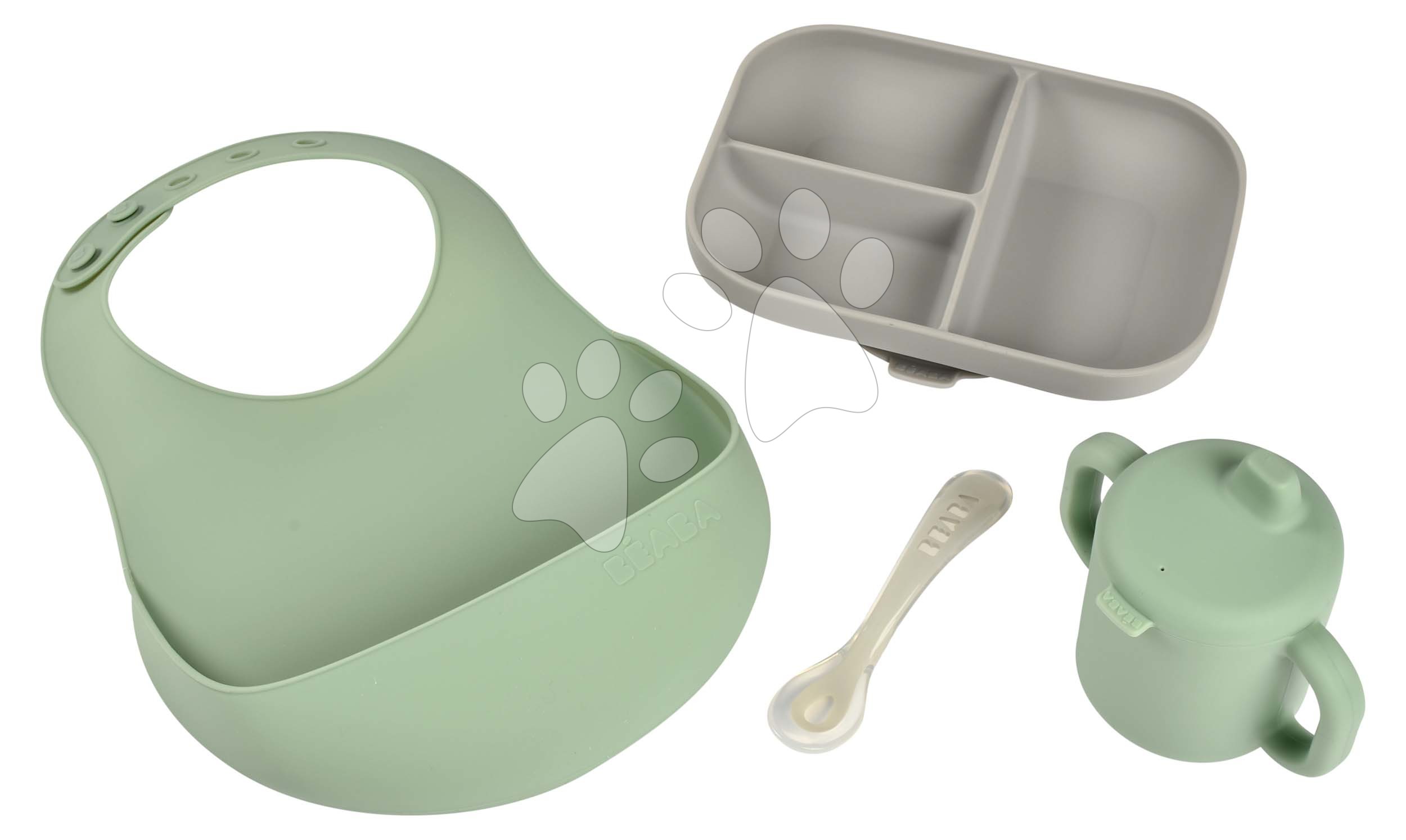 Étkezőgarnitúra Silicone Meal Essentials Set Beaba bögrével tányérral kanállal és előkével zöld-szürke 8 hó-tól