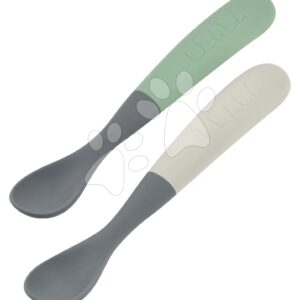 Ergonomikus kanalak 1st Age Silicone Spoons Mineral Grey Sage Green Beaba szilikonból önálló étkezéshez dobozban 2 drb 4 hó-tól