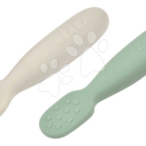 Ergonomikus gyakorlókanalak Silicone Pre-Spoons Sage Green Velvet Grey Beaba szilikonból önálló étkezéshez 2 db 4 hó-tól