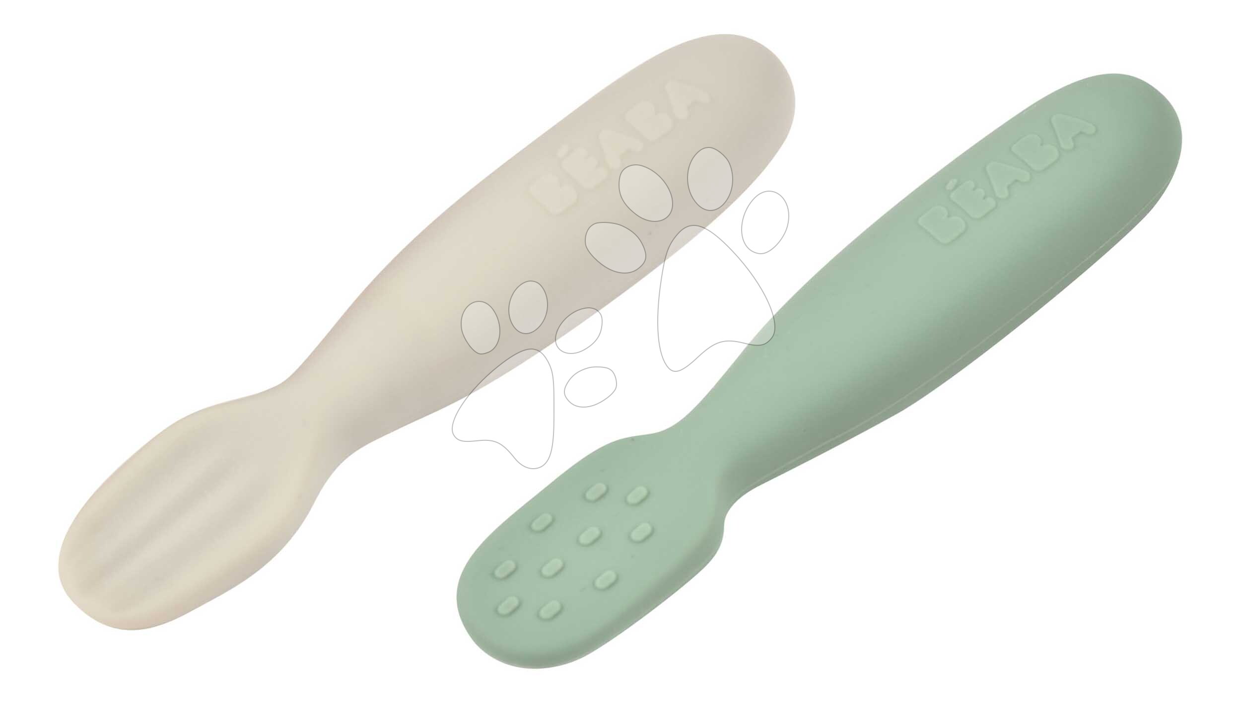 Ergonomikus gyakorlókanalak Silicone Pre-Spoons Sage Green Velvet Grey Beaba szilikonból önálló étkezéshez 2 db 4 hó-tól