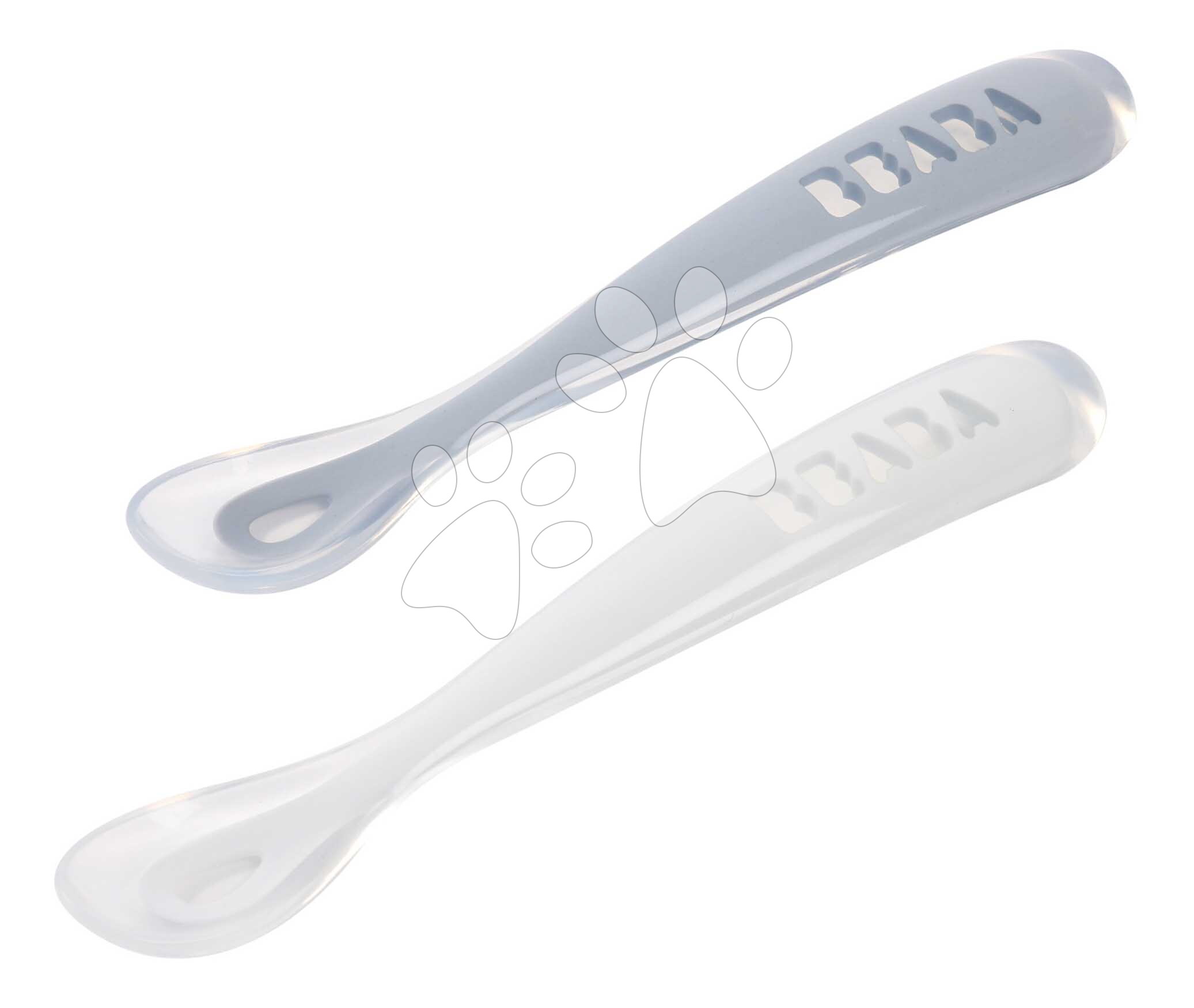 Első gyakorlókanalak First Age Silicone Spoons Pebble Cloud Blue Duo Beaba szilikonból önálló étkezéshez praktikus tárolóban 2 db kékes-fehér 4 hó-tól