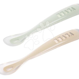 Első gyakorlókanalak First Age Silicone Spoons Clay Misty Green Duo Beaba szilikonból önálló étkezéshez praktikus tárolóban 2 db barnás-zöld 4 hó-tól