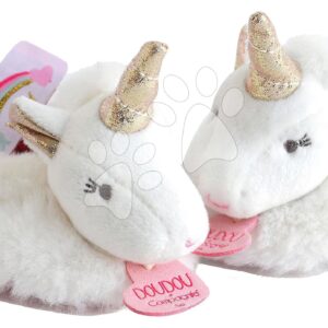 Papucs újszülött részére csörgővel Unicorn Lucie la Licorne Doudou et Compagnie fehér ajándékcsomagolásban 0-6 hó-tól