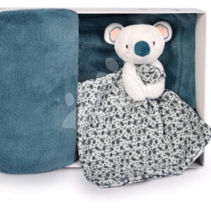 Takaró legkisebbeknek Yoca le Koala Doudou et Compagnie plüss koalával dédelgetéshez kék 70*100 cm díszdobozban 0 hó-tól